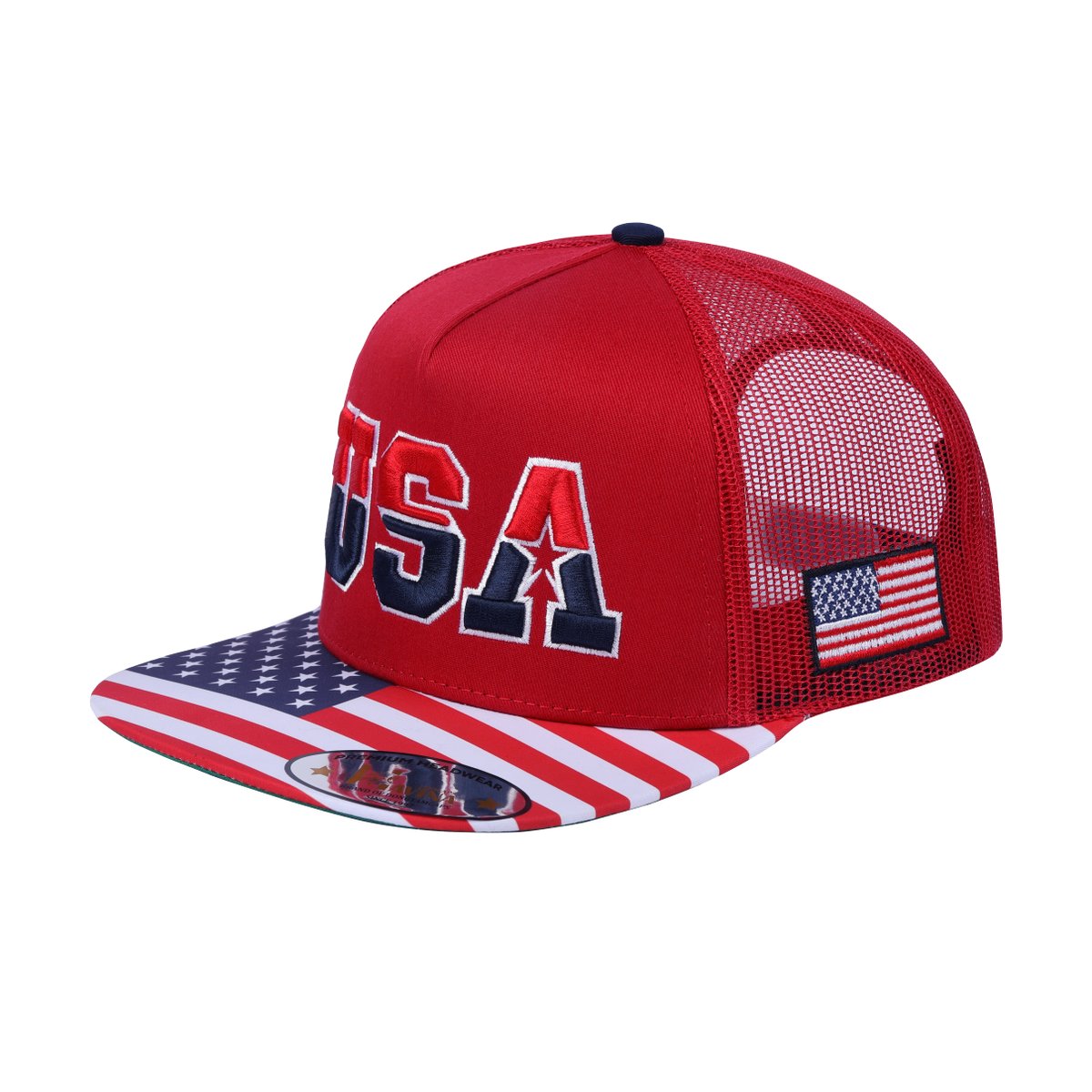 Unisex Embroidered Classic US American Flag, 5-Panel Snap Trucker Hat, Red, Adjustable Fit