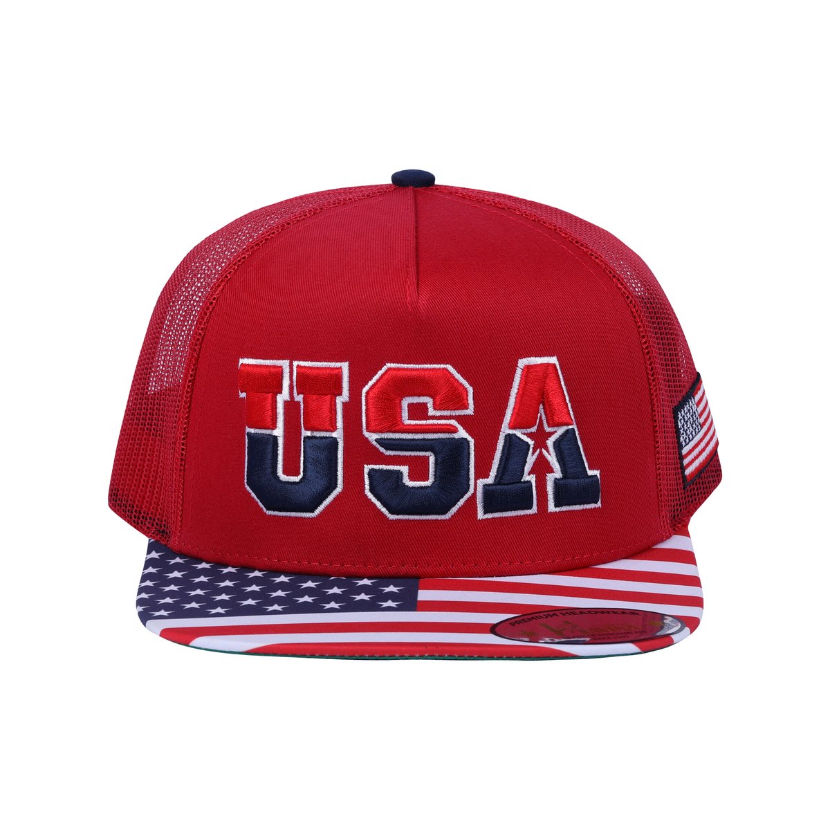 Unisex Embroidered Classic US American Flag, 5-Panel Snap Trucker Hat, Red, Adjustable Fit