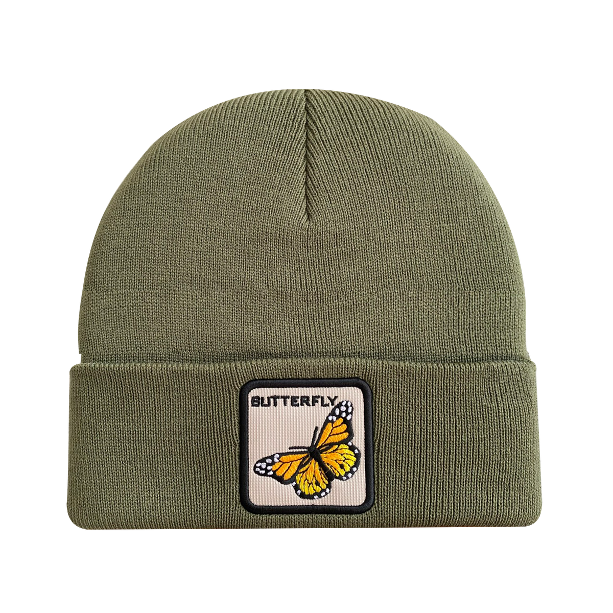 Unisex Embroidered The Butterfly, Knitted Soft Warm Unisex Beanie, Olive Green, Adjustable Fit