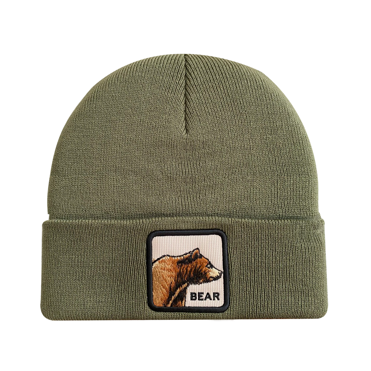 Unisex Embroidered The Bear, Knitted Soft Warm Unisex Beanie, Olive Green, Adjustable Fit
