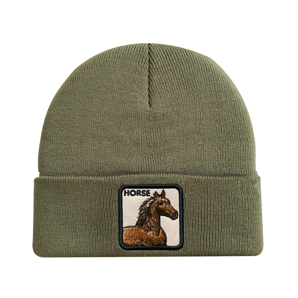 Unisex Embroidered The Horse, Knitted Soft Warm Unisex Beanie, Olive Green, Adjustable Fit