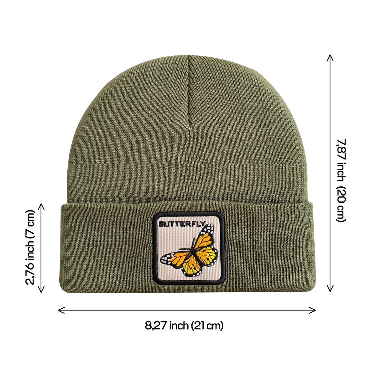Unisex Embroidered The Butterfly, Knitted Soft Warm Unisex Beanie, Olive Green, Adjustable Fit