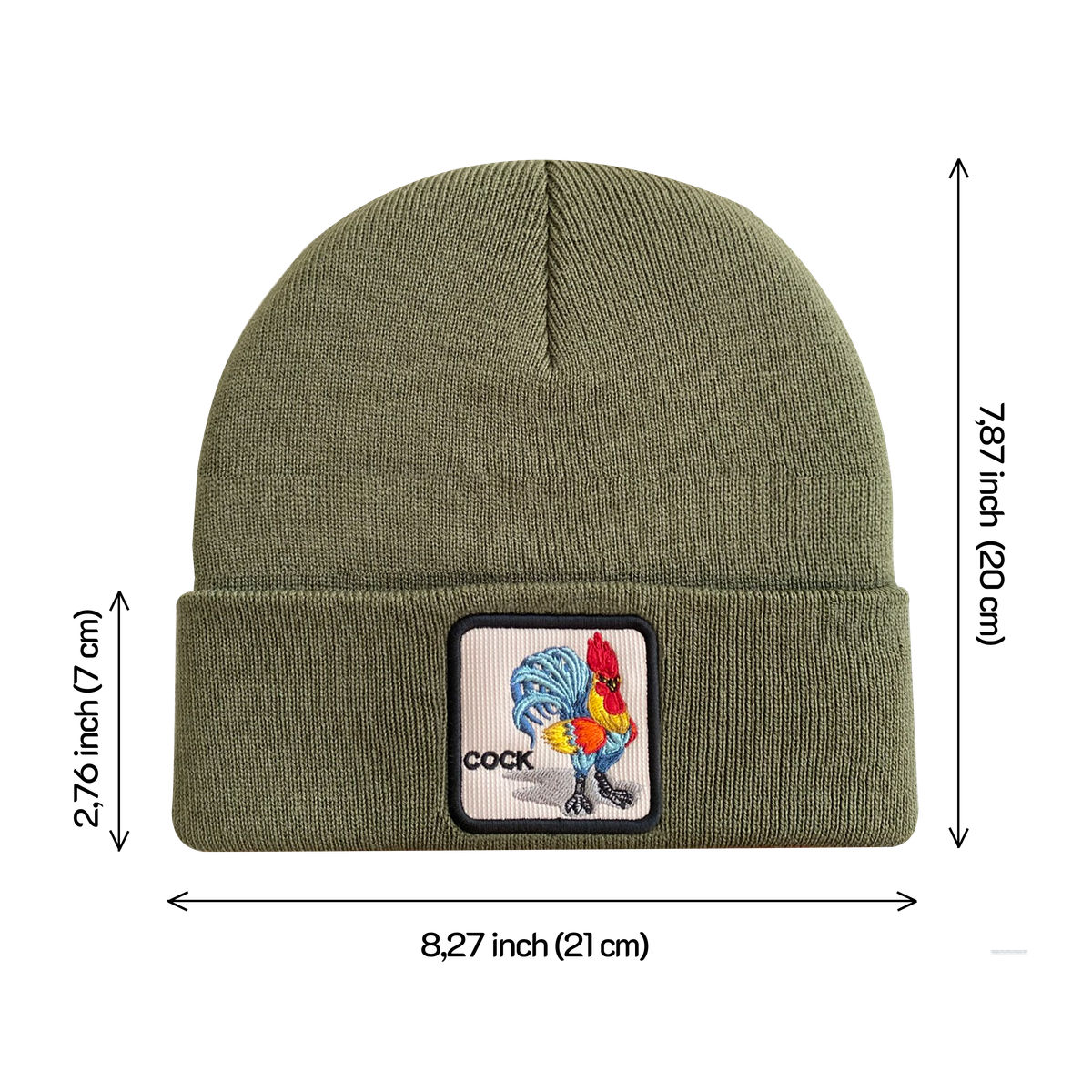 Unisex Embroidered The Chicken, Knitted Soft Warm Unisex Beanie, Olive Green, Adjustable Fit