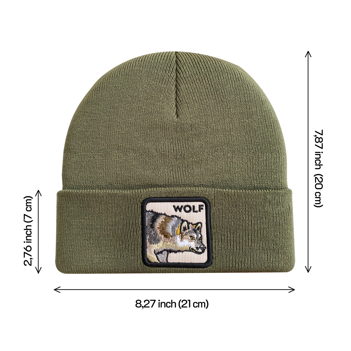 Unisex Embroidered The Wolf, Knitted Soft Warm Unisex Beanie, Olive Green, Adjustable Fit