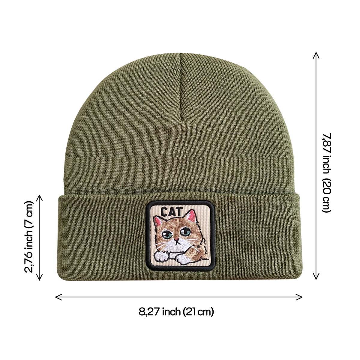 Unisex Embroidered The Cat, Knitted Soft Warm Unisex Beanie, Olive Green, Adjustable Fit