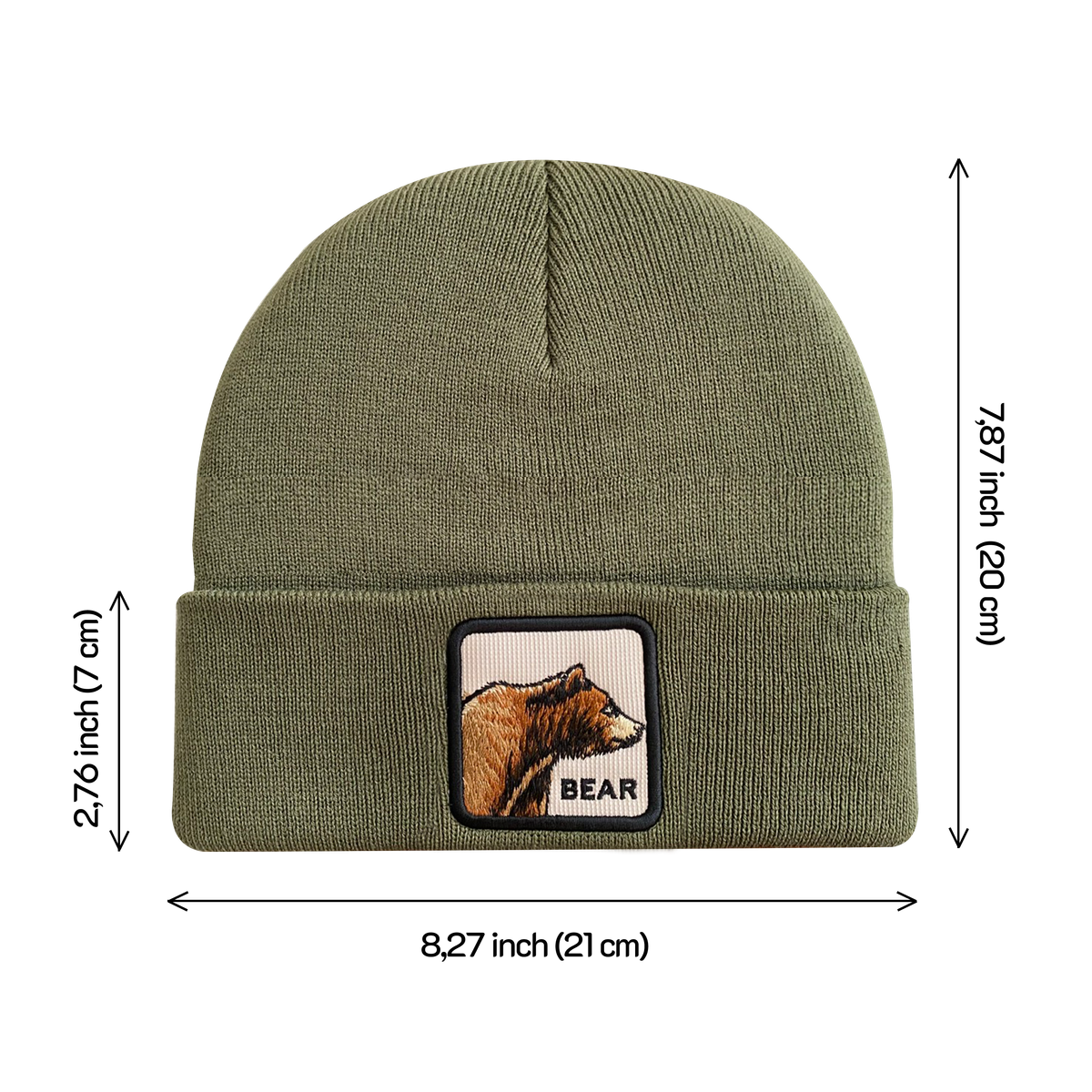 Unisex Embroidered The Bear, Knitted Soft Warm Unisex Beanie, Olive Green, Adjustable Fit