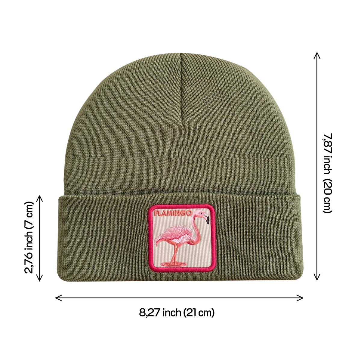 Unisex Embroidered The Flamingo, Knitted Soft Warm Unisex Beanie, Olive Green, Adjustable Fit