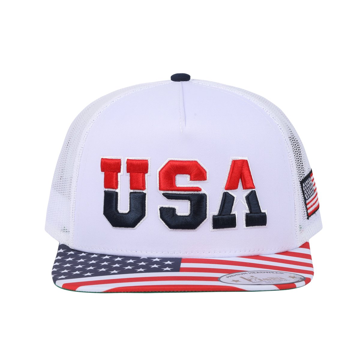 Unisex Embroidered Classic US American Flag, 5-Panel Snap Trucker Hat, White, Adjustable Fit