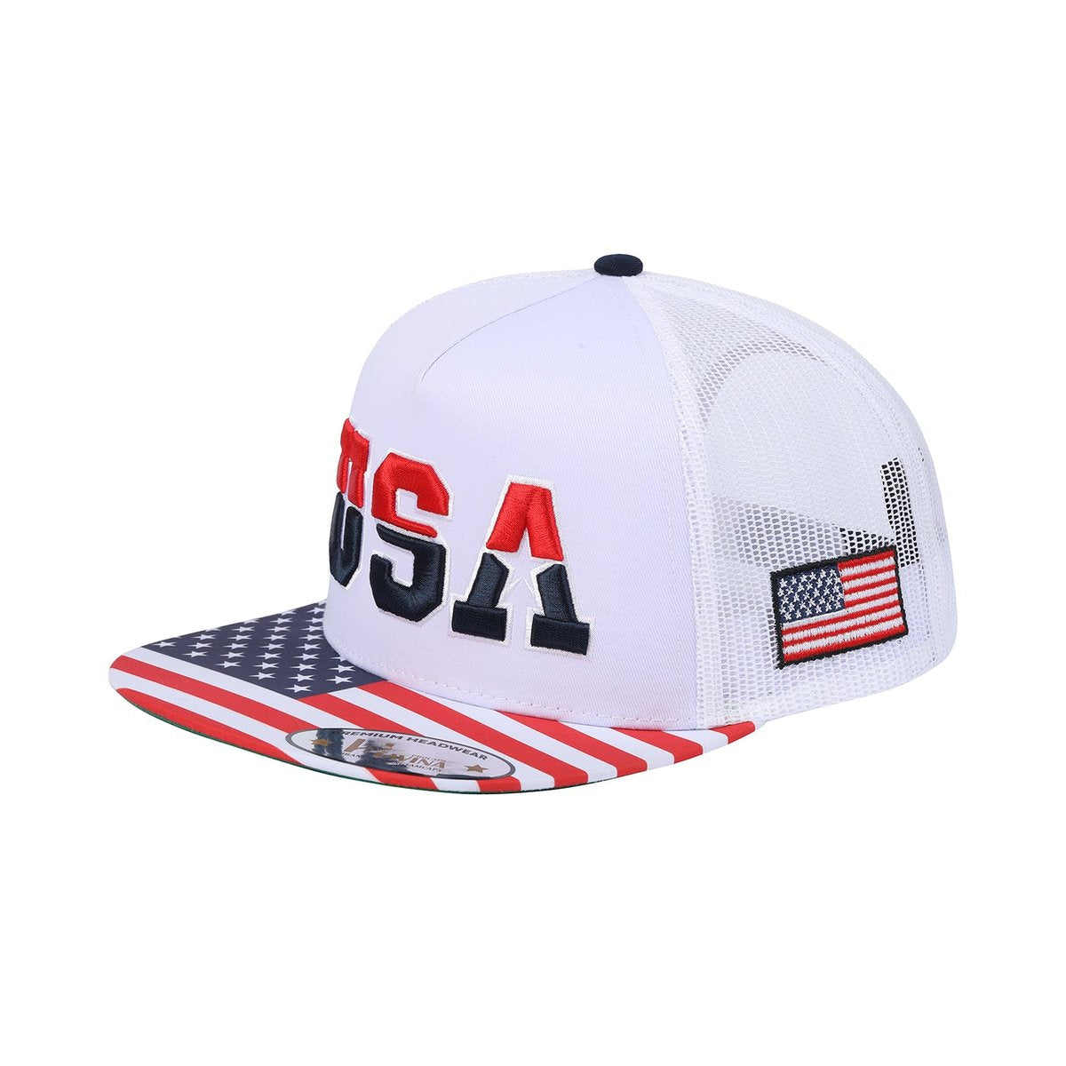 Unisex Embroidered Classic US American Flag, 5-Panel Snap Trucker Hat, White, Adjustable Fit