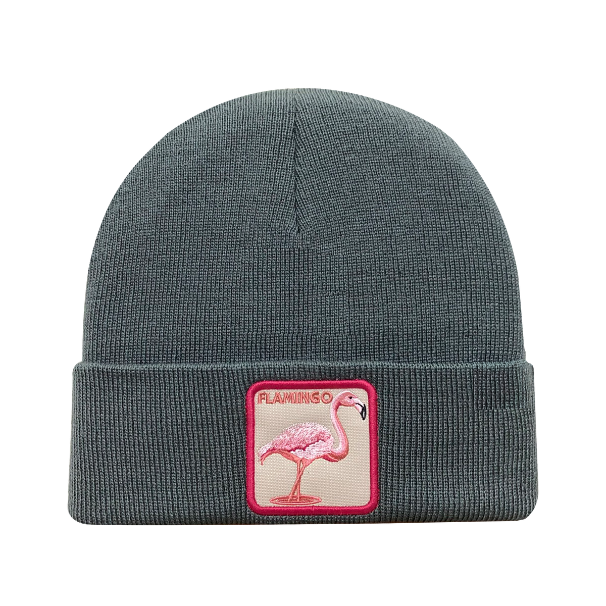 Unisex Embroidered The Flamingo, Knitted Soft Warm Unisex Beanie, Dark Grey, Adjustable Fit