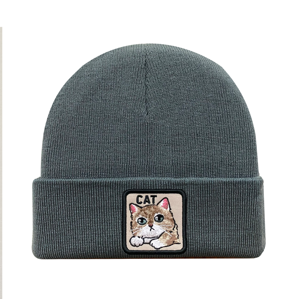 Unisex Embroidered The Cat, Knitted Soft Warm Unisex Beanie, Dark Grey, Adjustable Fit