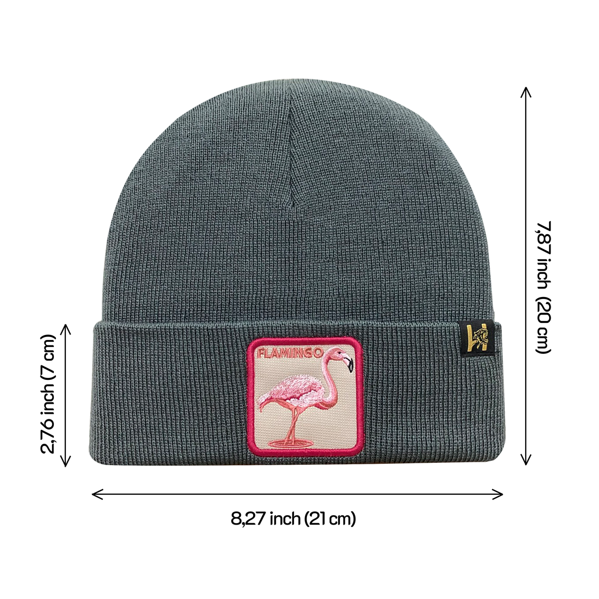 Unisex Embroidered The Flamingo, Knitted Soft Warm Unisex Beanie, Dark Grey, Adjustable Fit