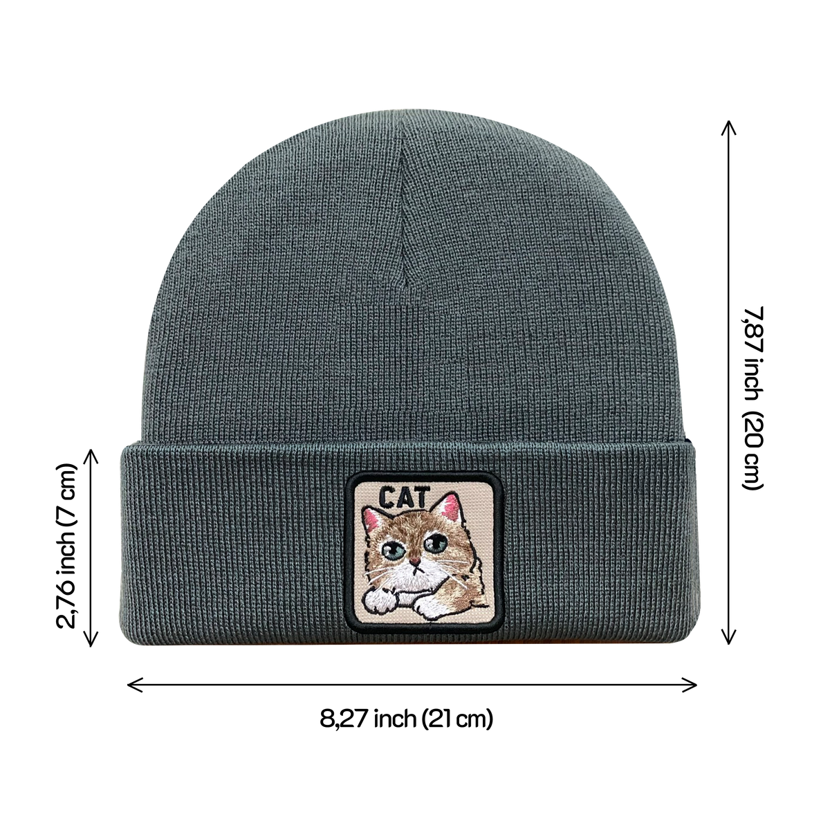 Unisex Embroidered The Cat, Knitted Soft Warm Unisex Beanie, Dark Grey, Adjustable Fit