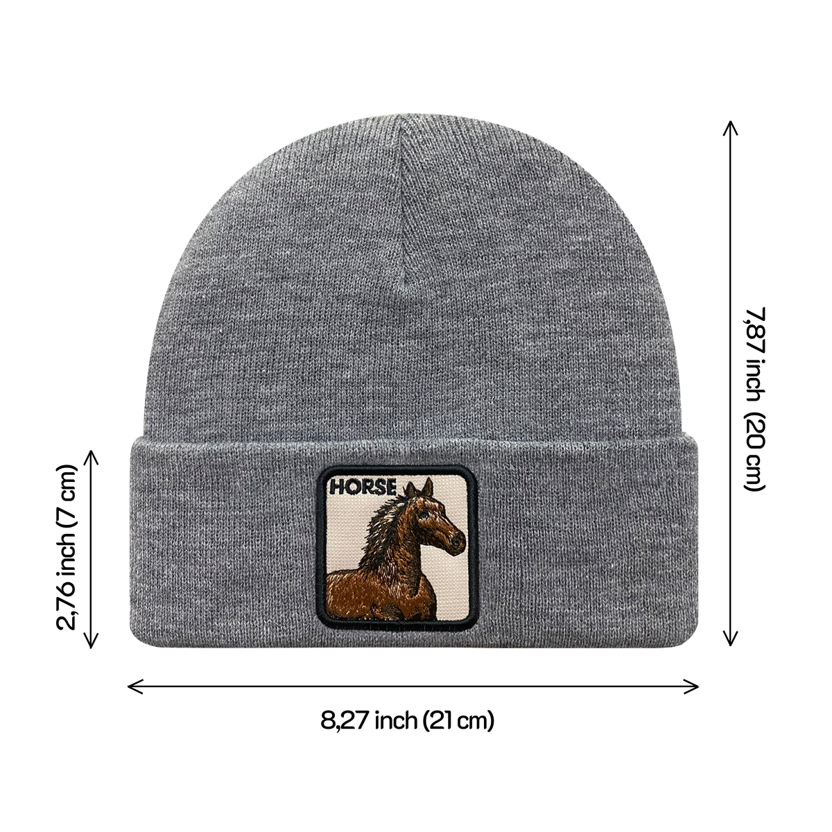 Unisex Embroidered The Horse, Knitted Soft Warm Unisex Beanie, Dark Grey Heather, Adjustable Fit