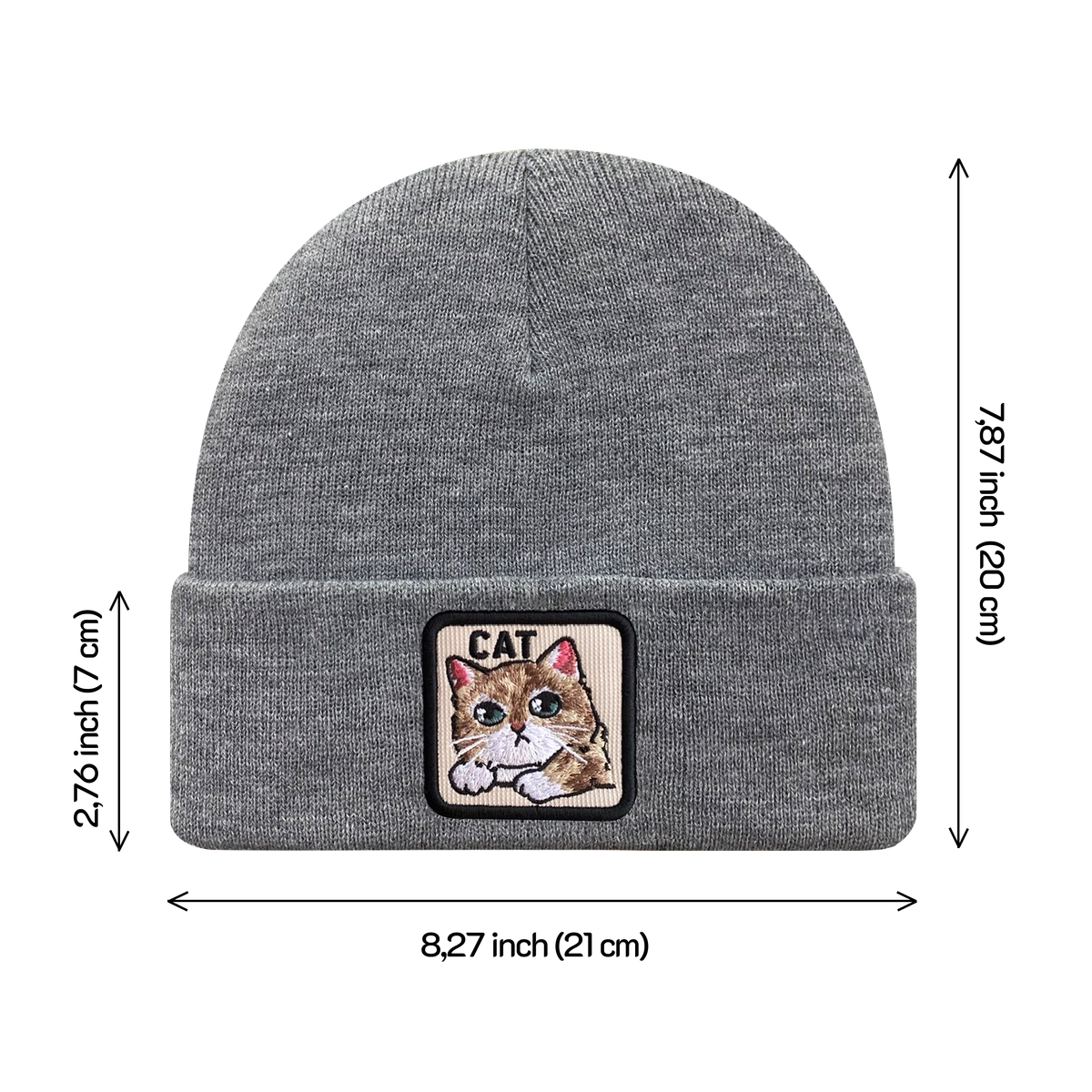 Unisex Embroidered The Cat, Knitted Soft Warm Unisex Beanie, Dark Grey Heather, Adjustable Fit