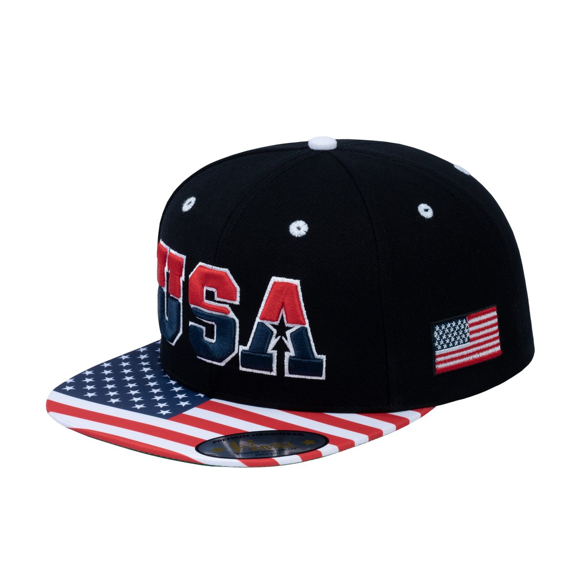 Unisex Embroidered Classic US American Flag, 6-Panel Snap Baseball Cap, Black, Adjustable Fit