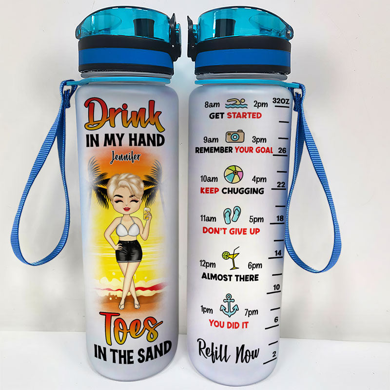 Summer Vibe Girl Drink In My Hand Toes In The Sand - Gift For Women - Personalized Custom Water Tracker Bottle
