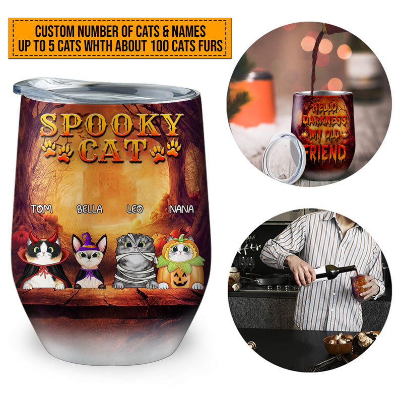 Cat Cosplay Hello Darkness My Old Friend Custom Wine Tumbler, Pumpkin, Devil & Witch Cat Costumes, Personalized Halloween Drinkware, Gift For Cat Lovers