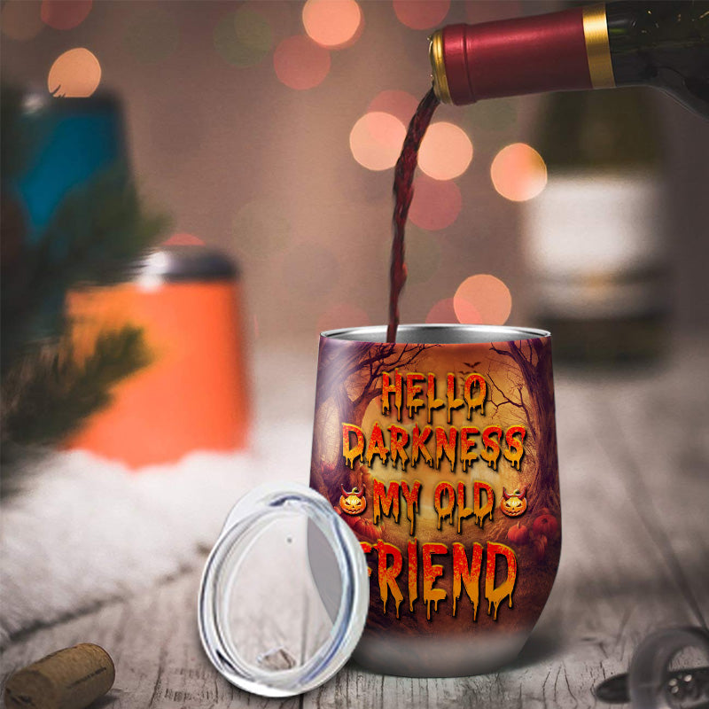 Cat Cosplay Hello Darkness My Old Friend Custom Wine Tumbler, Pumpkin, Devil & Witch Cat Costumes, Personalized Halloween Drinkware, Gift For Cat Lovers