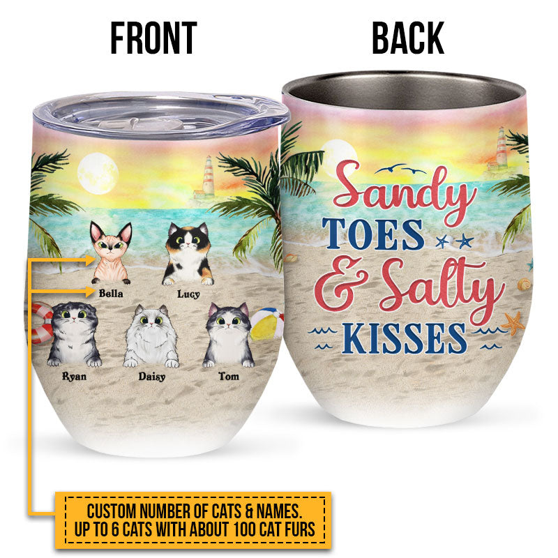Cat Beach Sandy Toes & Salty Kisses Custom Wine Tumbler, Personalized Funny Cat Tumbler, Gift For Cat Lovers