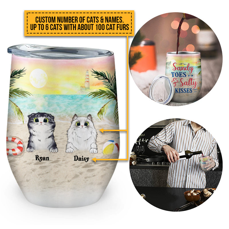 Cat Beach Sandy Toes & Salty Kisses Custom Wine Tumbler, Personalized Funny Cat Tumbler, Gift For Cat Lovers