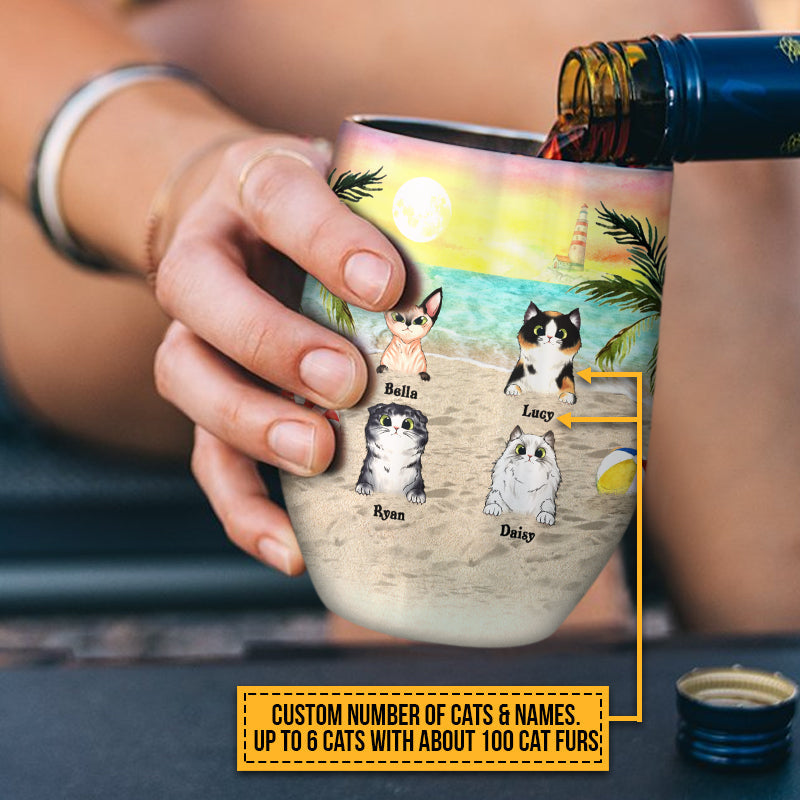 Cat Beach Sandy Toes & Salty Kisses Custom Wine Tumbler, Personalized Funny Cat Tumbler, Gift For Cat Lovers