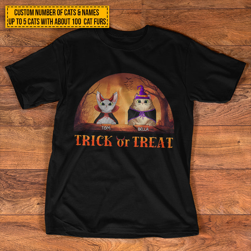 Cat Cosplay Trick Or Treat Custom T Shirt, Pumpkin, Devil & Witch Cat Costumes, Personalized Halloween Shirt, Gift For Cat Lovers