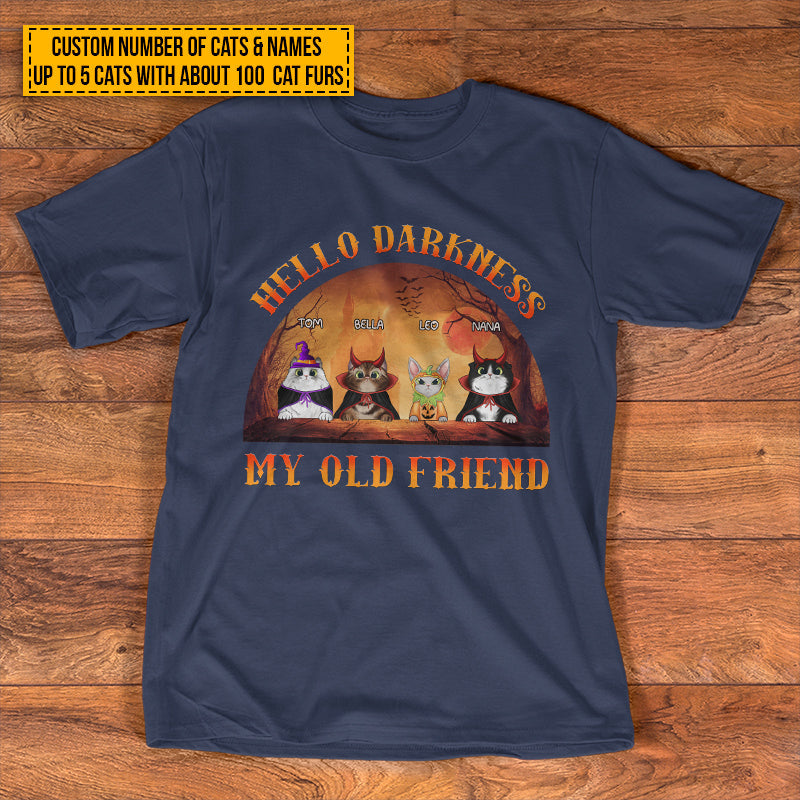 Cat Cosplay Hello Darkness My Old Friend Custom T Shirt, Pumpkin, Devil & Witch Cat Costumes, Personalized Halloween Shirt, Gift For Cat Lovers