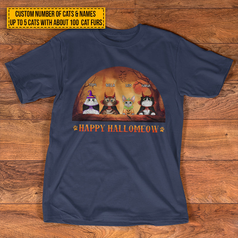 Cat Cosplay Happy Hallomeow Custom T Shirt, Pumpkin, Devil & Witch Cat Costumes, Personalized Halloween Shirt, Gift For Cat Lovers