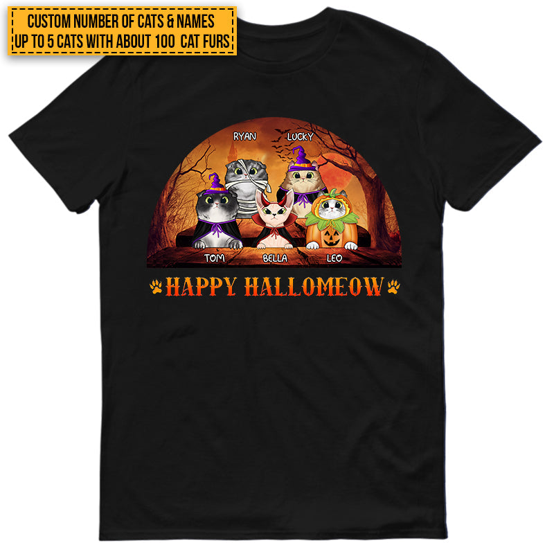 Cat Cosplay Happy Hallomeow Custom T Shirt, Pumpkin, Devil & Witch Cat Costumes, Personalized Halloween Shirt, Gift For Cat Lovers