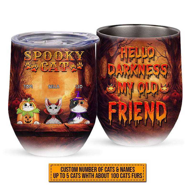 Cat Cosplay Hello Darkness My Old Friend Custom Wine Tumbler, Pumpkin, Devil & Witch Cat Costumes, Personalized Halloween Drinkware, Gift For Cat Lovers