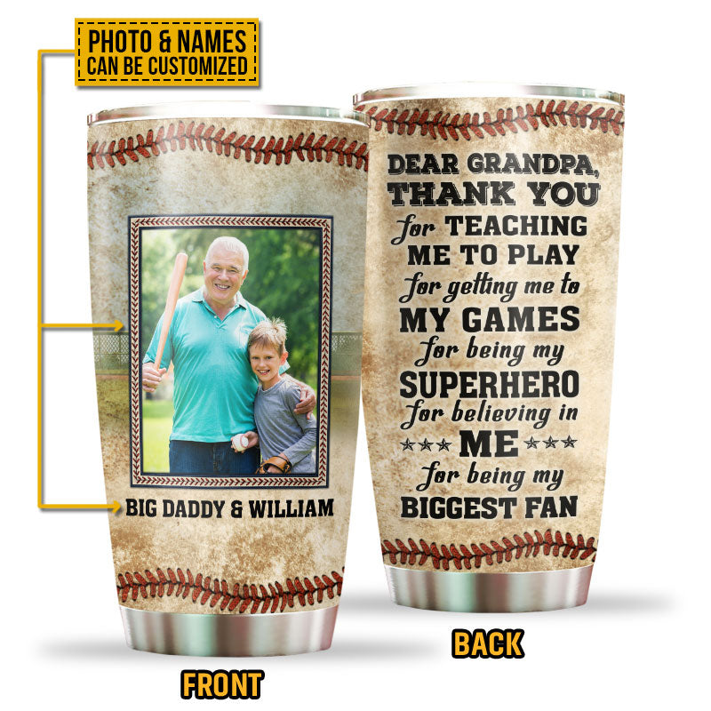 Custom Photo Baseball Grandpa And GrandChild Thank You Custom Tumbler, Personalized Baseball Tumbler, Gift For Grandpa, Gift For Dad