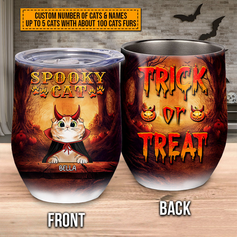 Cat Cosplay Trick Or Treat Custom Wine Tumbler, Pumpkin, Devil & Witch Cat Costumes, Personalized Halloween Drinkware, Gift For Cat Lovers