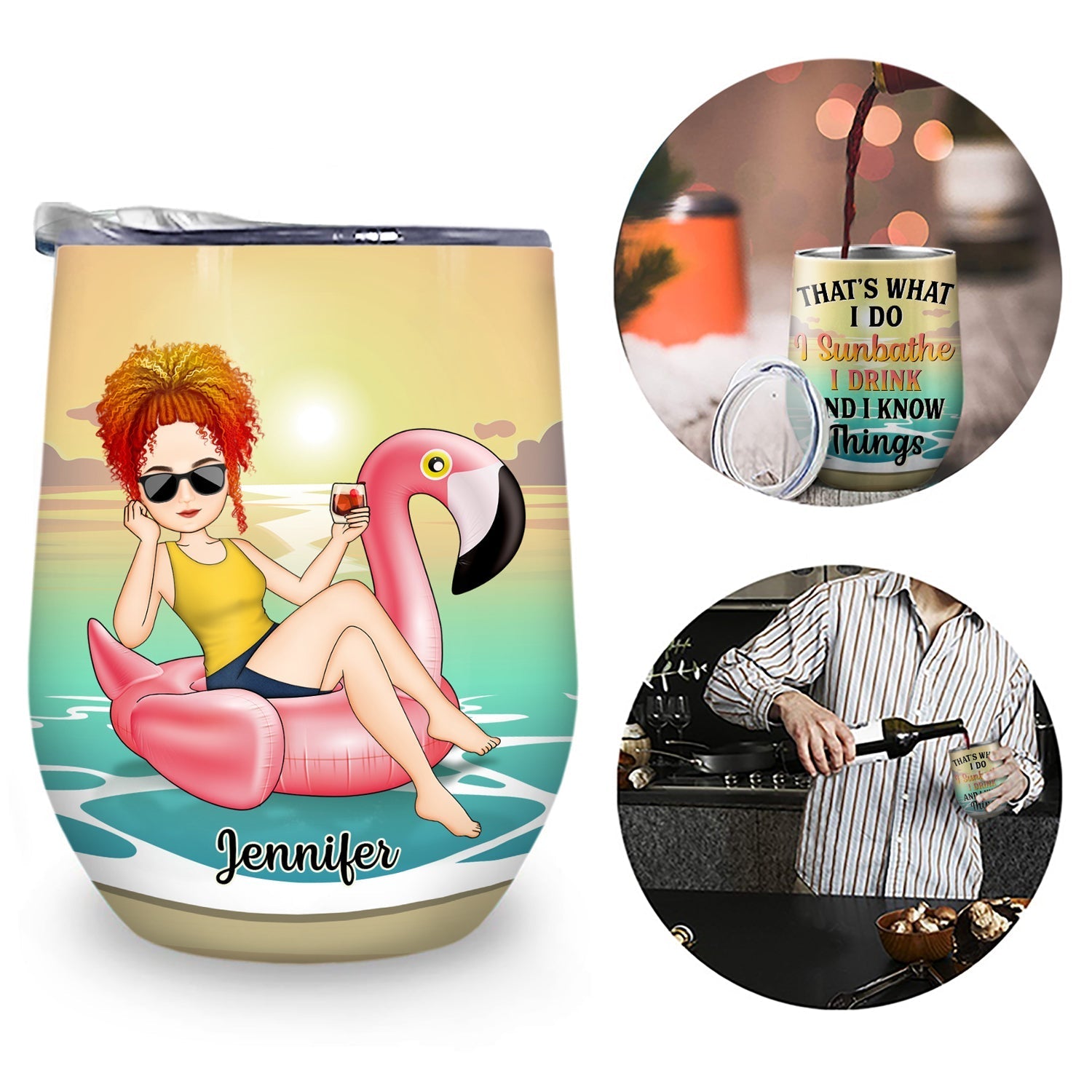 Beach Flamingo I Sunbathe I Drink & I Know Things - Gift For Yourself, Beach Lovers - Personalized Custom Wine Tumbler
