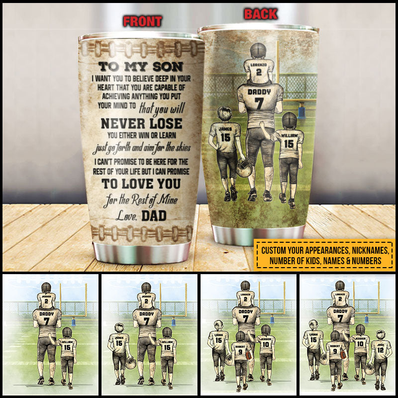 Personalized American Football Dad And Child Never Lose Custom Kids Custom Tumbler