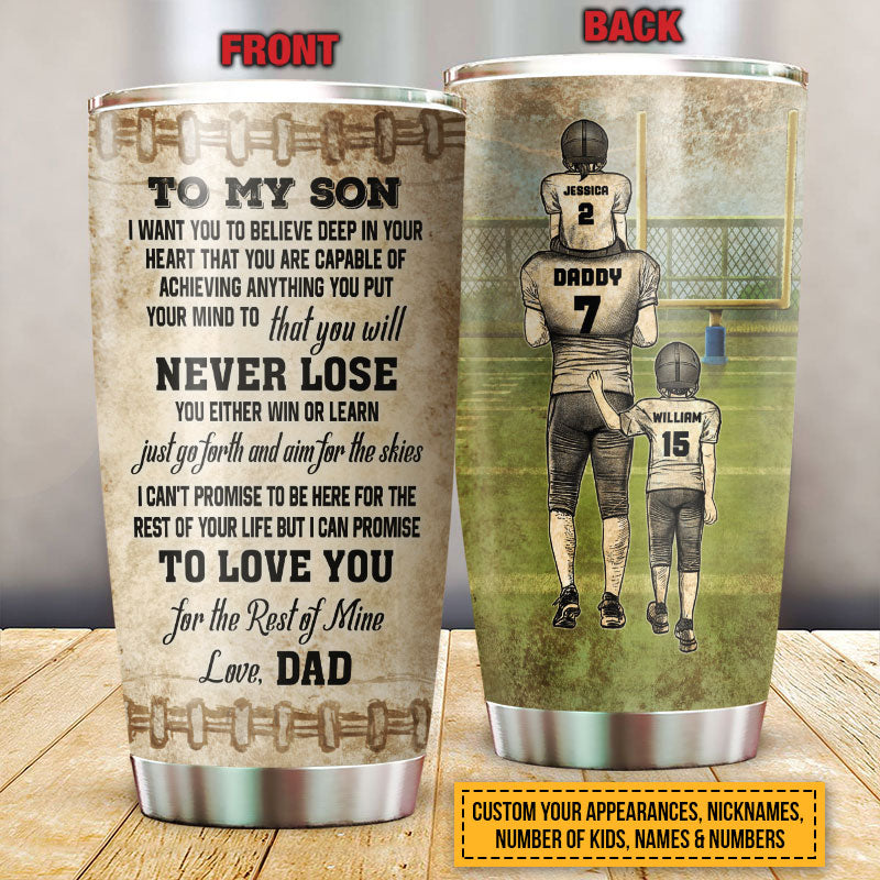 Personalized American Football Dad And Child Never Lose Custom Kids Custom Tumbler