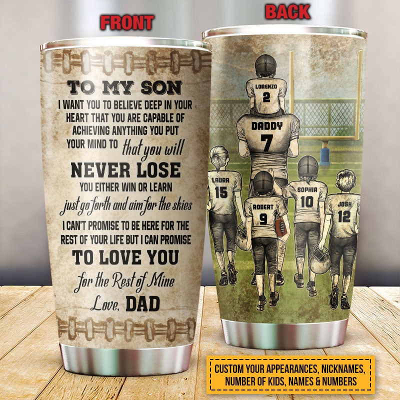 Personalized American Football Dad And Child Never Lose Custom Kids Custom Tumbler
