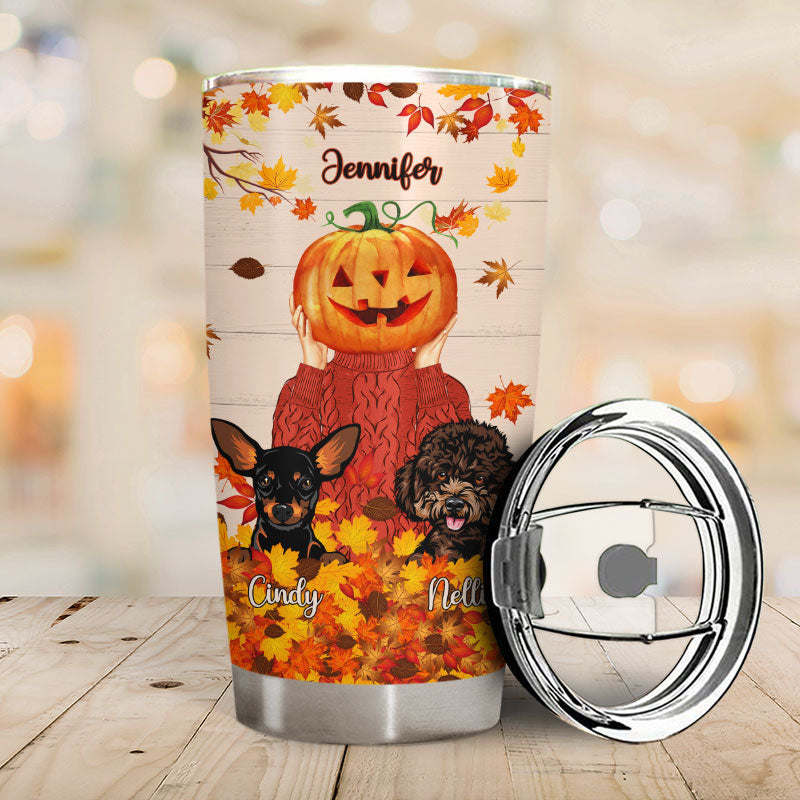 Dog Lovers Autumn Leaves Who Loves Dogs And Fall - Personalized Custom Tumbler