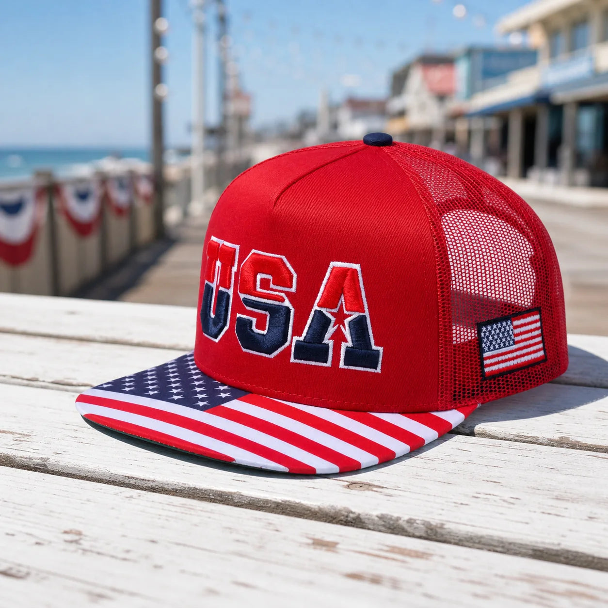 Red USA trucker hat with American flag brim