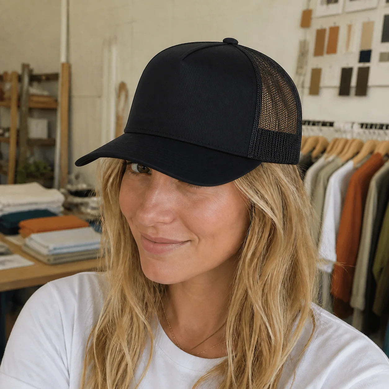 Styling preview: Blank 5-Panel Trucker Hat