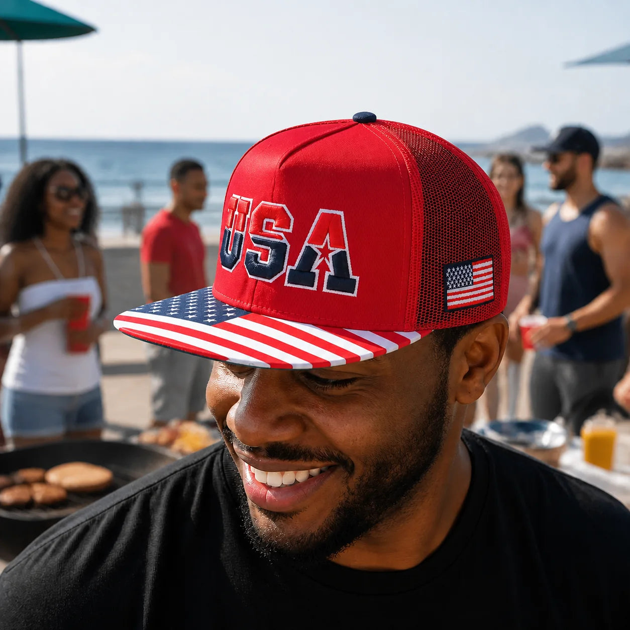 Styling preview: Classic US American Flag 5-Panel Snap Trucker Hat