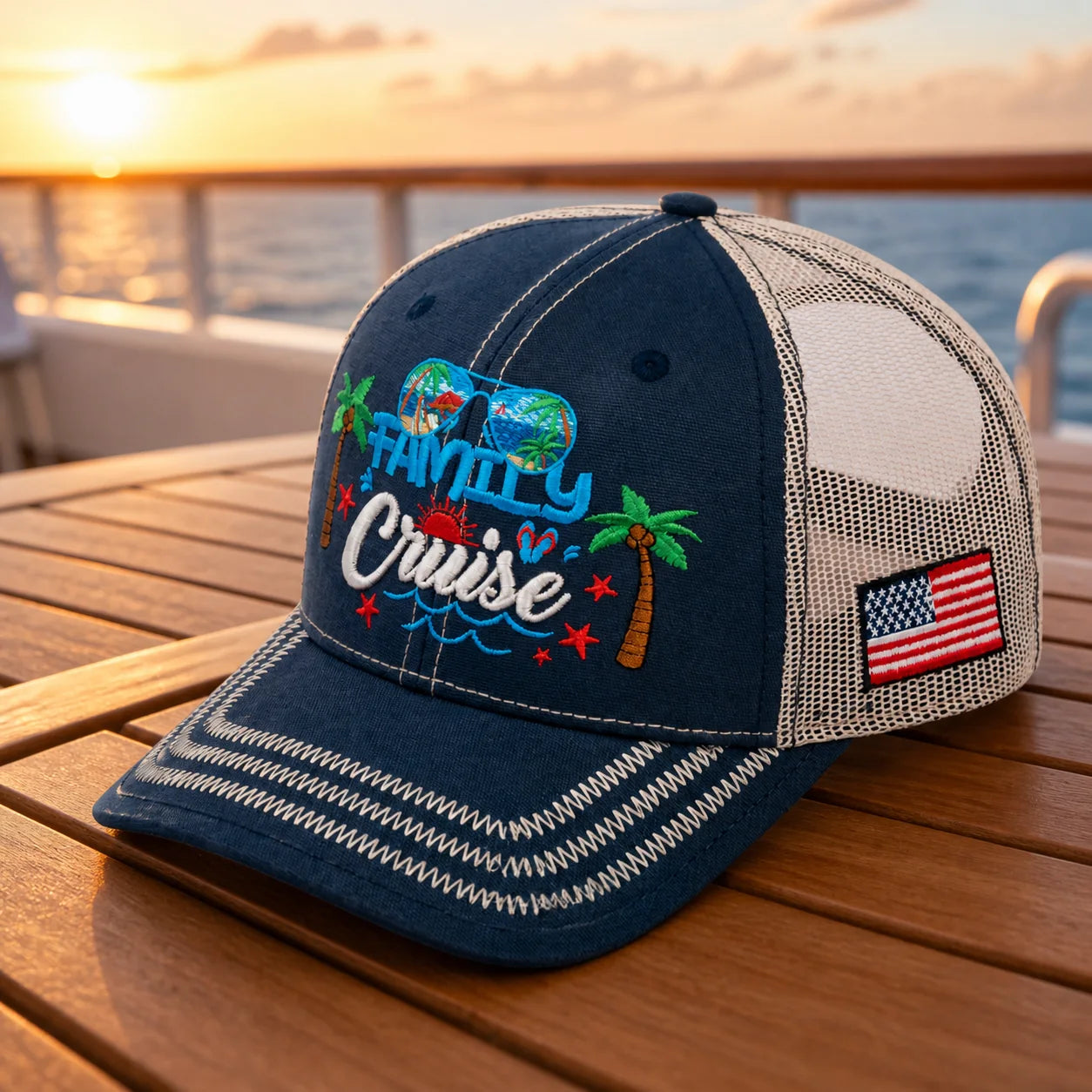 Woman wearing the exact CUSTOM THE GIFTS Family Cruise navy and beige trucker hat on a cruise ship