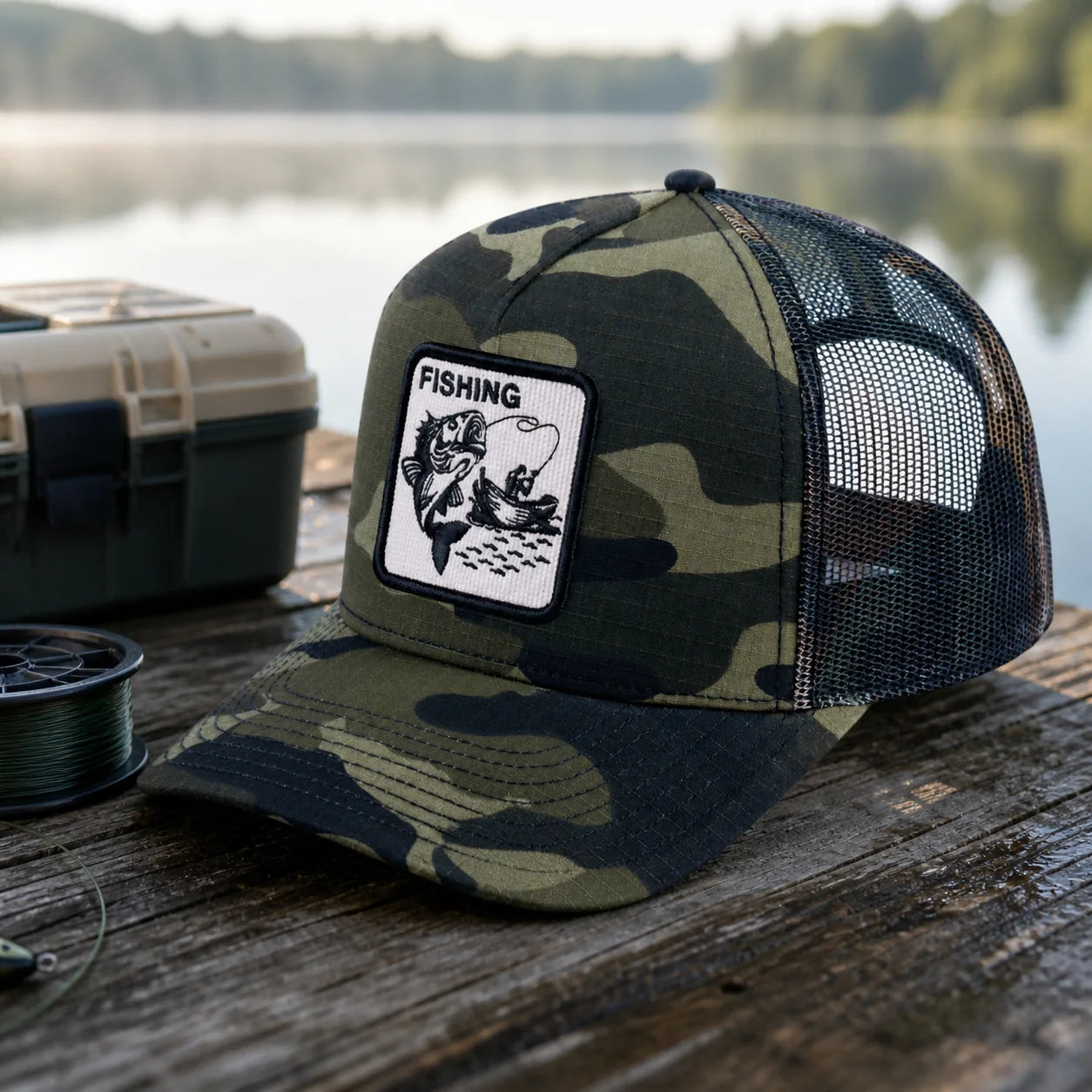Man wearing the CUSTOM THE GIFTS Fishing green camouflage trucker hat by a lake